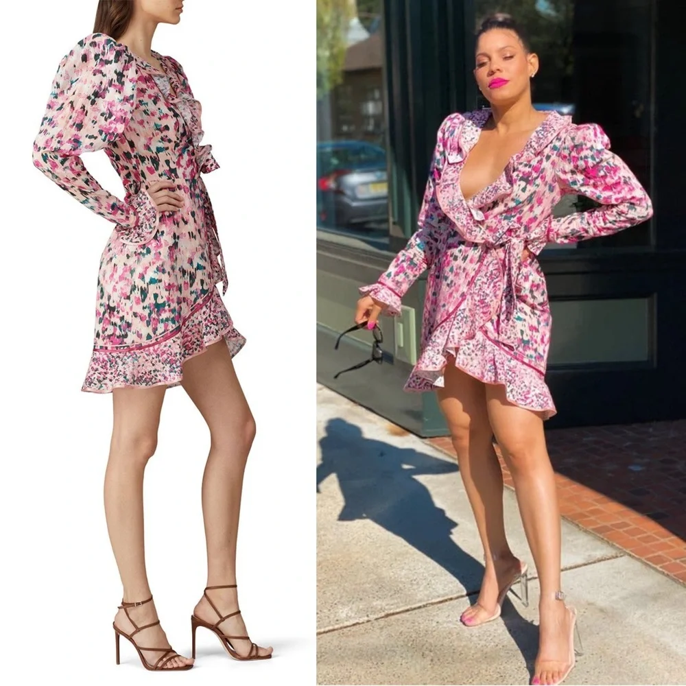 ROCOCO SAND Impressionist Floral Print Puff Long Sleeve Ruffle Wrap Mini Dress M